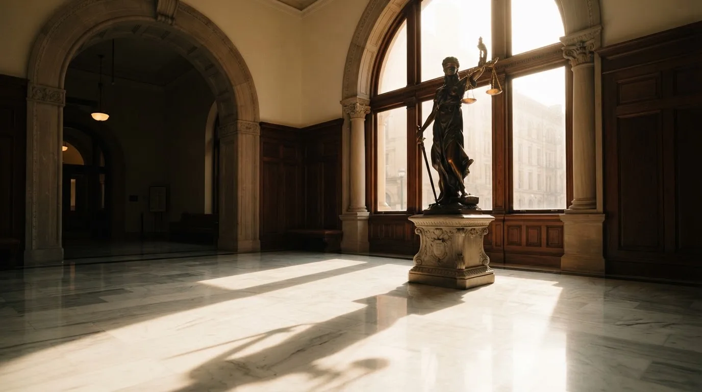Een bronzen vrouwe Justitia met weegschaal staat voor een grote raampartij in een statig gerechtsgebouw, met zacht ochtendlicht.