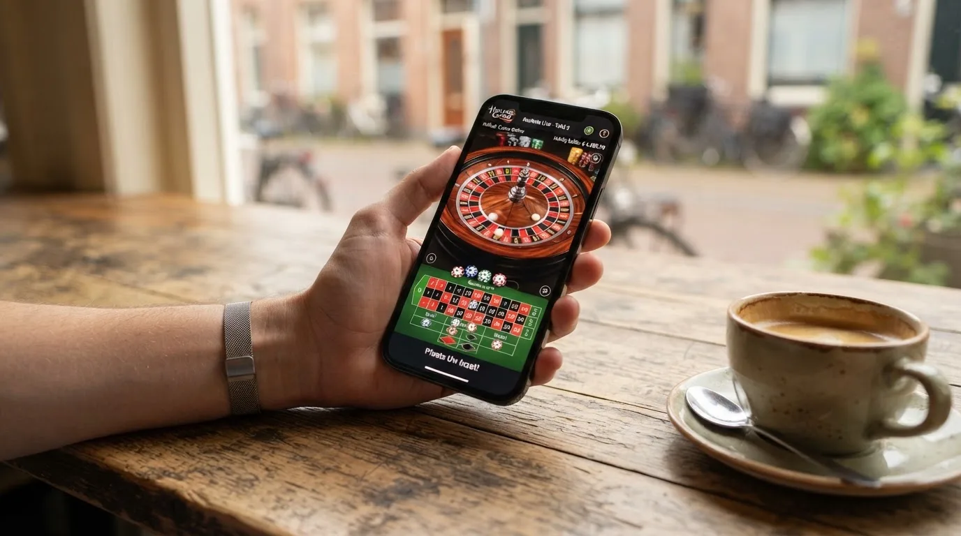 Een hand houdt een smartphone vast boven een houten tafel met een kopje koffie ernaast, in zacht daglicht.