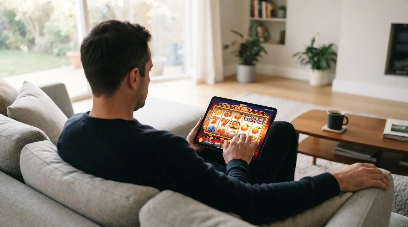 Een man bekijkt ontspannen een tablet op de bank in een lichte woonkamer met een kop koffie op de salontafel.