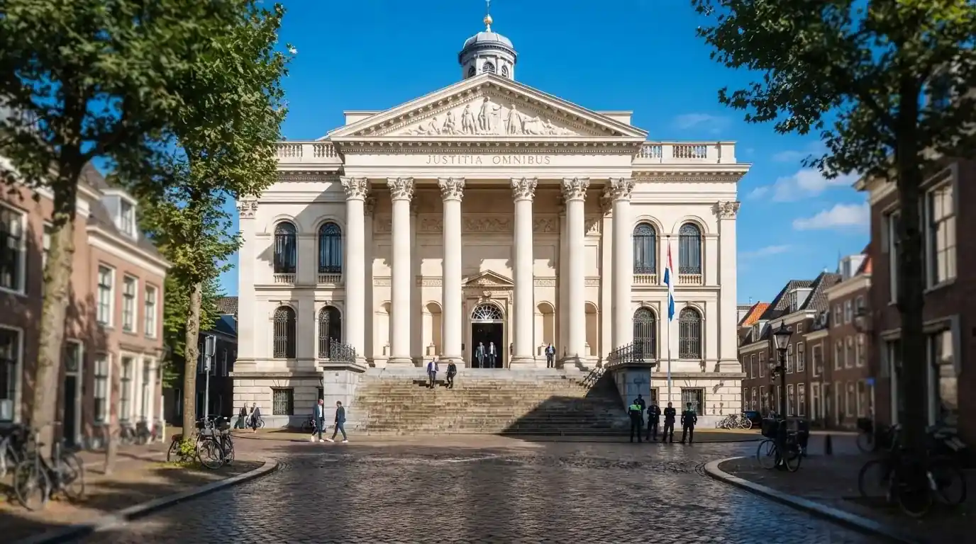 Een klassiek gerechtsgebouw met hoge zuilen staat onder een blauwe lucht in een Nederlandse binnenstad.