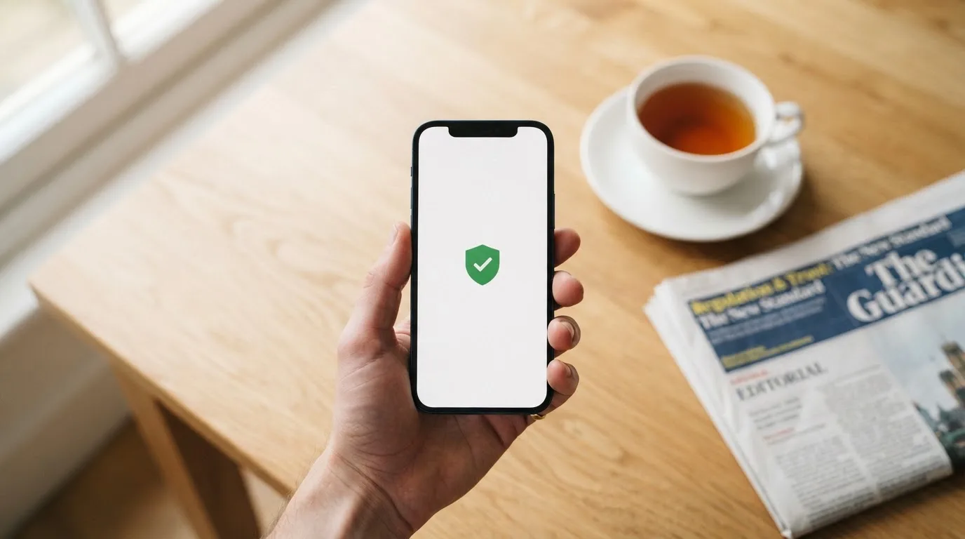 Een hand houdt een smartphone vast boven een houten tafel met een kopje thee ernaast, in zacht daglicht.