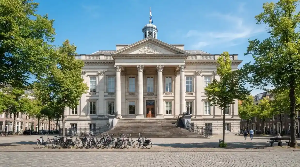 Een statig gerechtsgebouw met brede trappen en zuilen staat onder een heldere hemel in een Nederlandse stad.