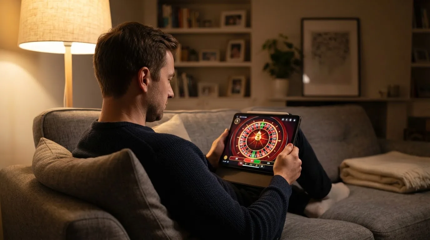 Een man bekijkt laat op de avond een tablet op de bank, verlicht door een staande lamp in een rustige woonkamer.