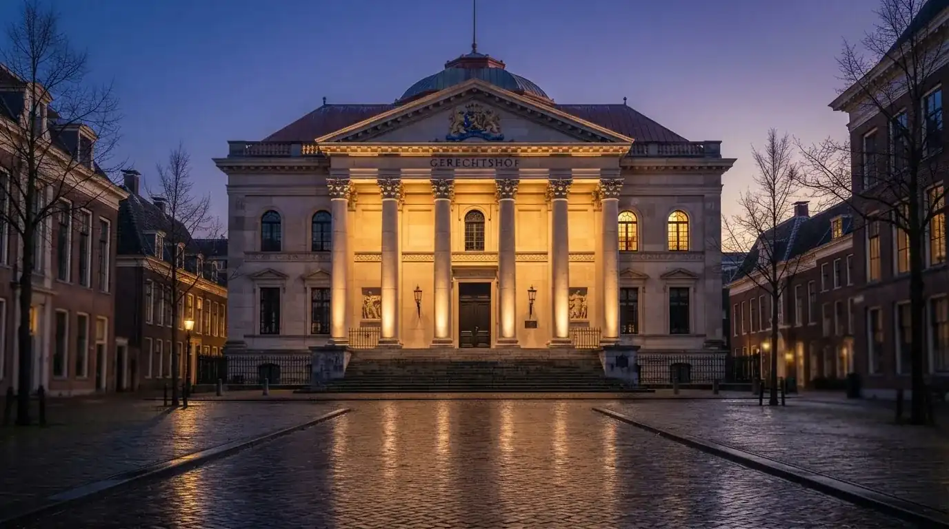 Een statig gerechtsgebouw met verlichte zuilen staat in de avondschemering in een Nederlandse stad.