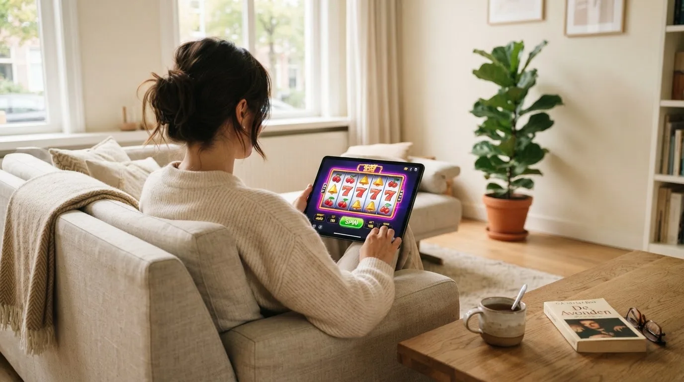 Een vrouw bekijkt ontspannen een tablet op de bank in een lichte woonkamer met een kop thee op de salontafel.