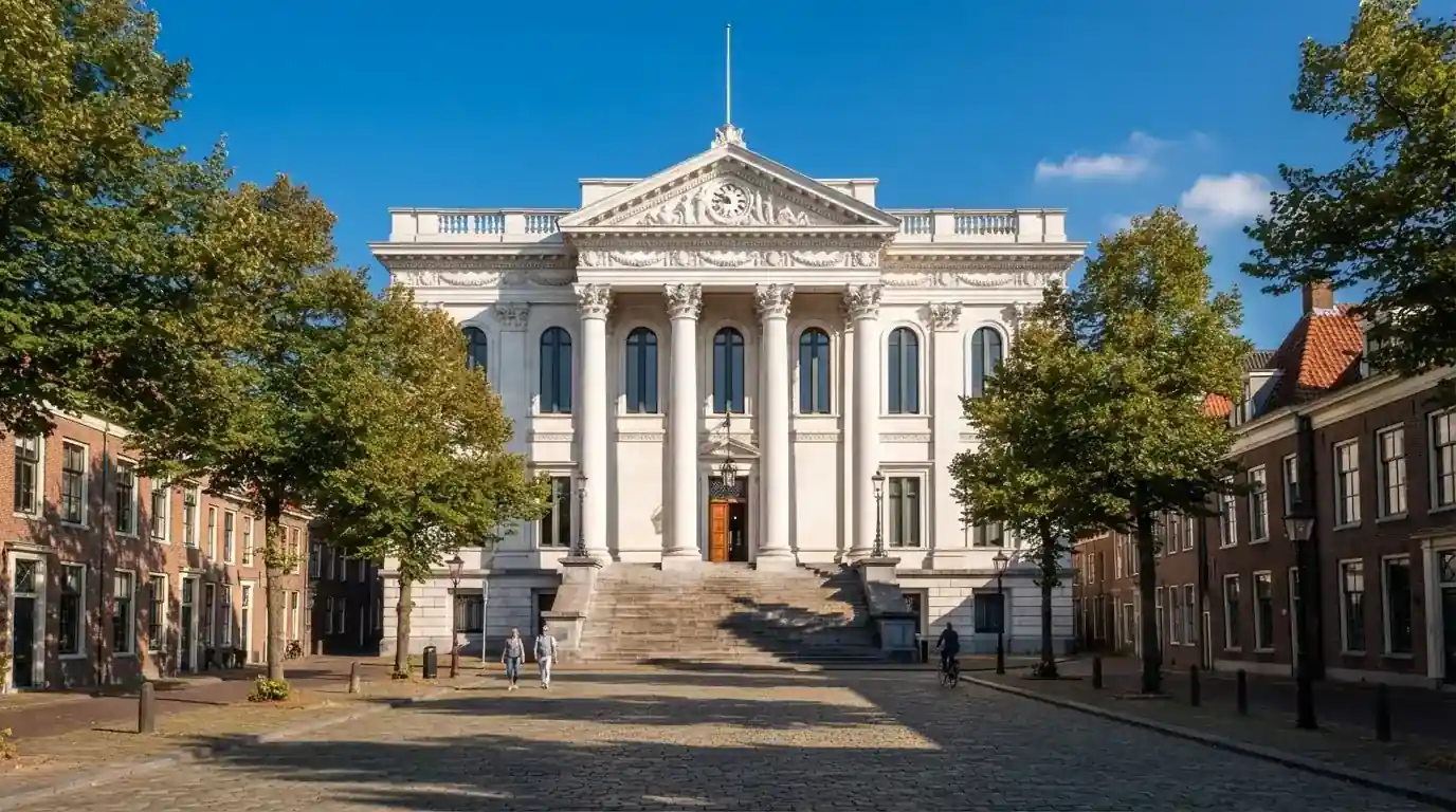 Een klassiek gerechtsgebouw met hoge zuilen staat onder een blauwe lucht in een Nederlandse binnenstad.
