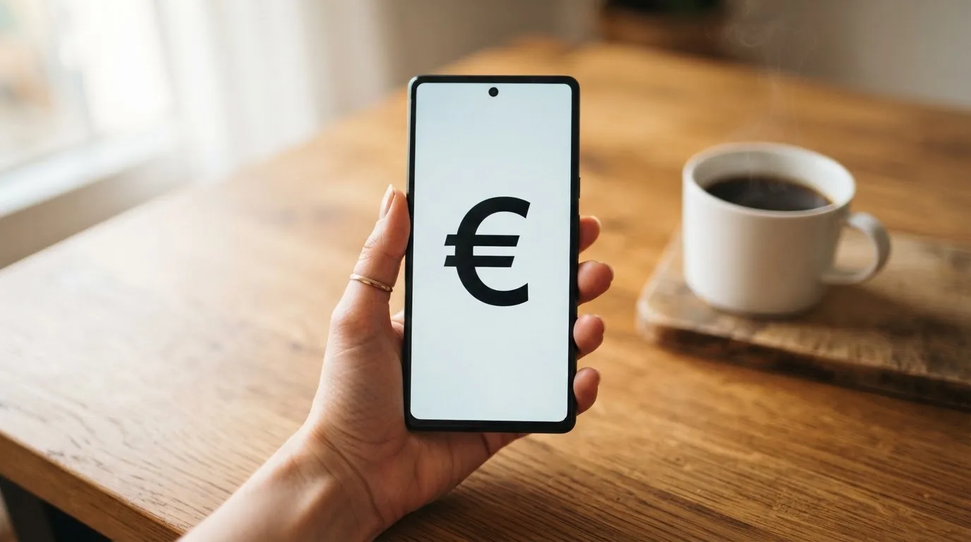 Een hand houdt een smartphone vast boven een houten tafel met een kopje koffie ernaast, in zacht daglicht.