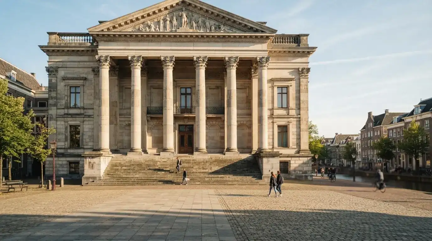 Een statig gerechtsgebouw met brede trappen en zuilen staat onder een heldere hemel in een Nederlandse stad.