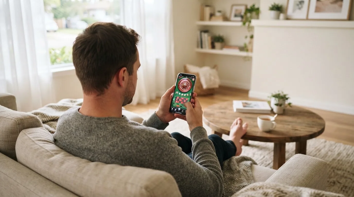 Een man bekijkt ontspannen zijn telefoon op de bank in een lichte woonkamer met een kop koffie op de salontafel.