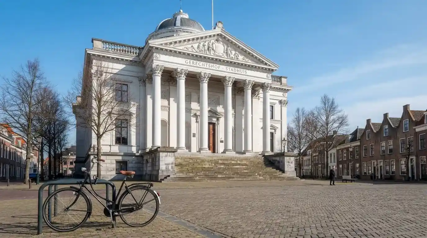 Een klassiek gerechtsgebouw met zuilen staat onder een blauwe lucht in een rustige Nederlandse stad.