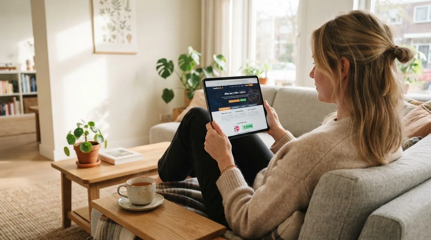 Een vrouw bekijkt ontspannen een tablet op de bank in een lichte woonkamer met een kop thee op de salontafel.