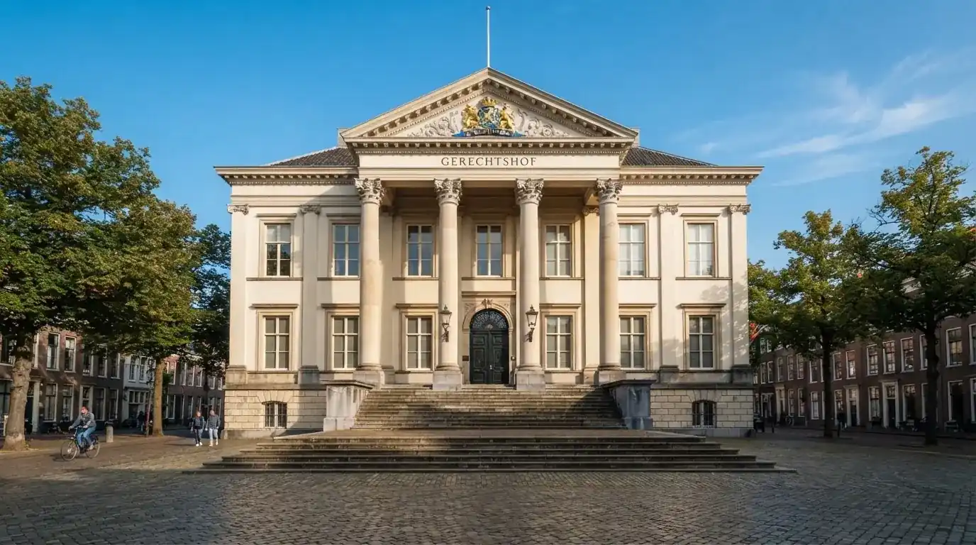 Een klassiek gerechtsgebouw met hoge zuilen staat onder een heldere hemel in een Nederlandse stad.