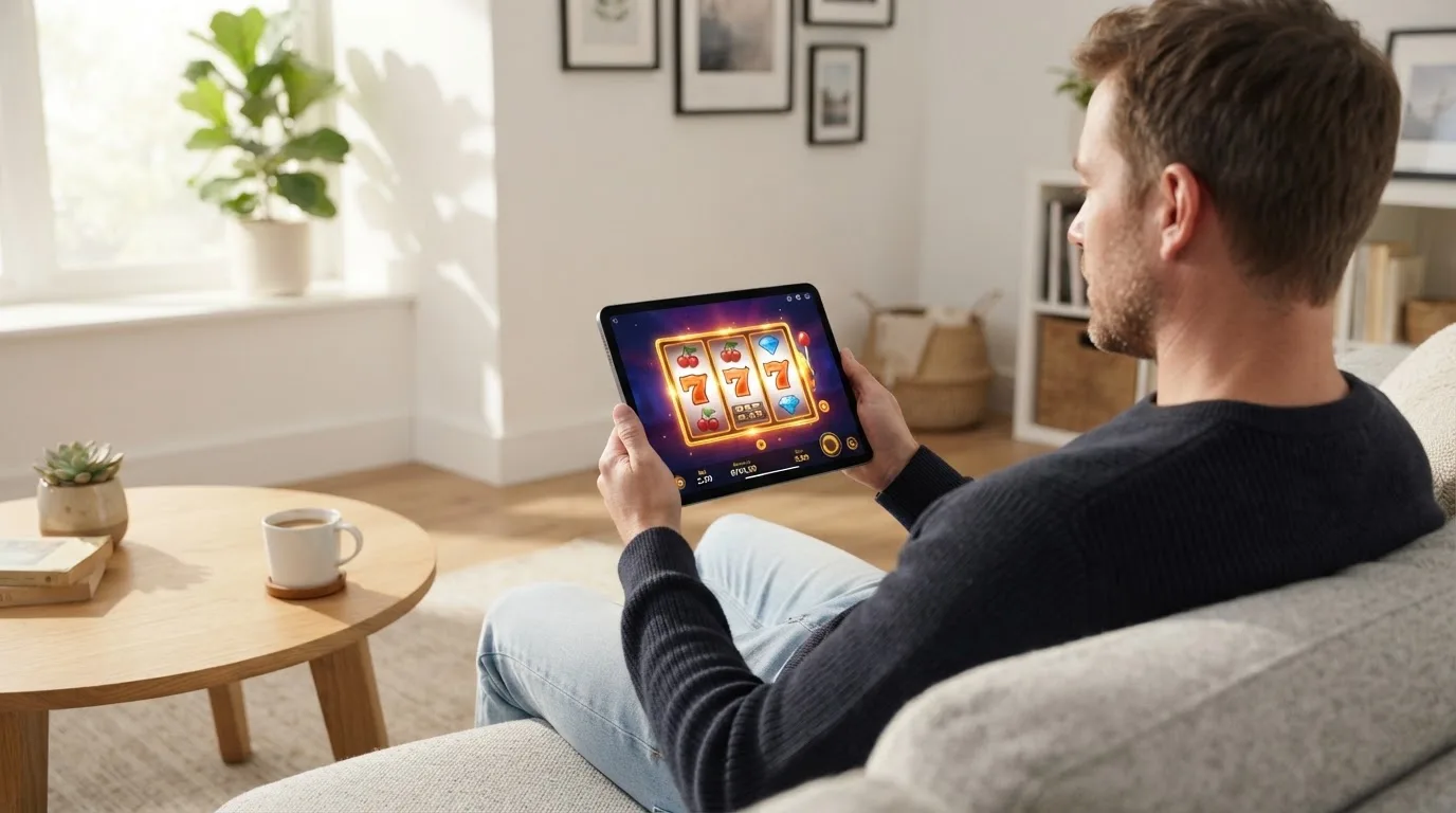 Een man bekijkt ontspannen een tablet op de bank in een lichte woonkamer met een kop koffie op de salontafel.