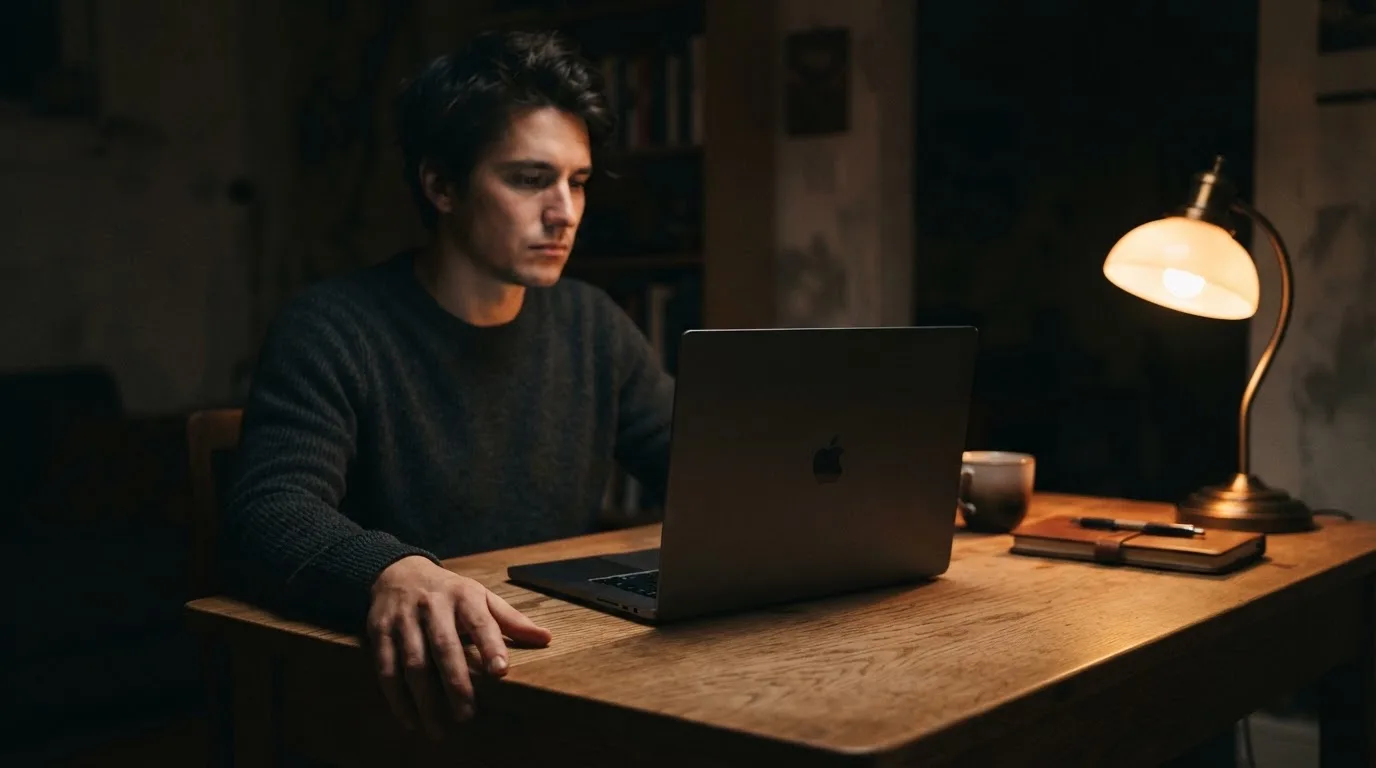 Een persoon zit alleen aan een bureau en kijkt peinzend naar een laptop met het scherm uit, in gedimd licht.