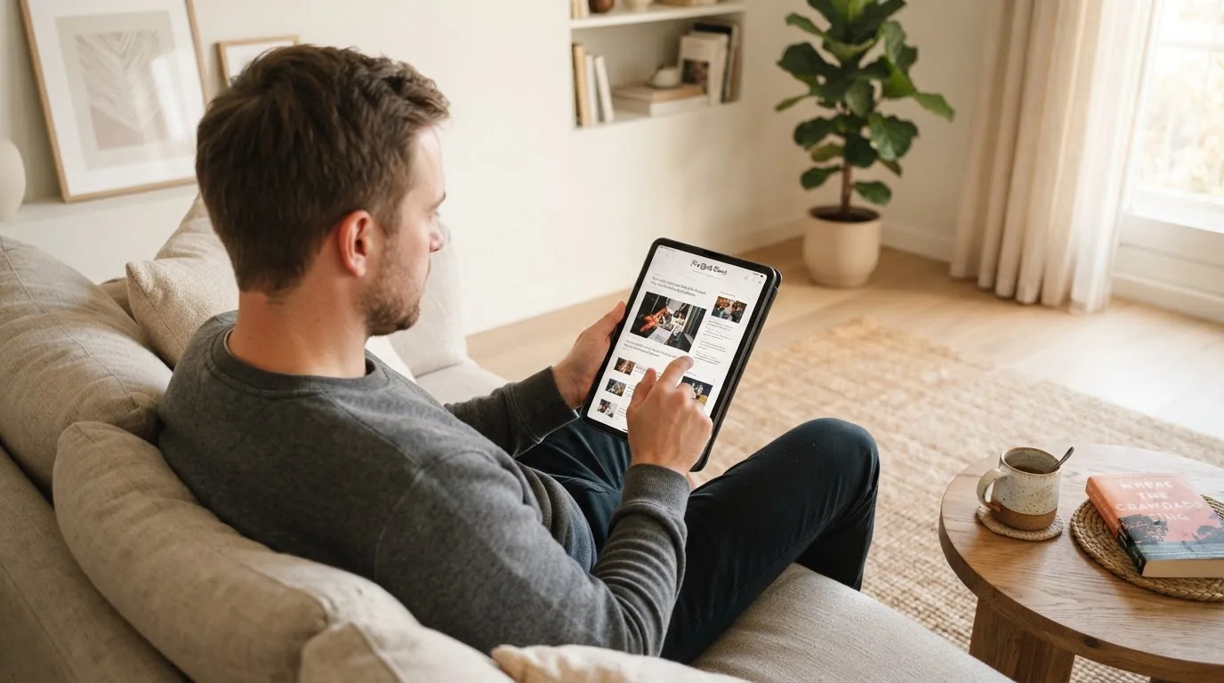 Een man bekijkt ontspannen een tablet op de bank in een lichte woonkamer met een kop koffie op de salontafel.