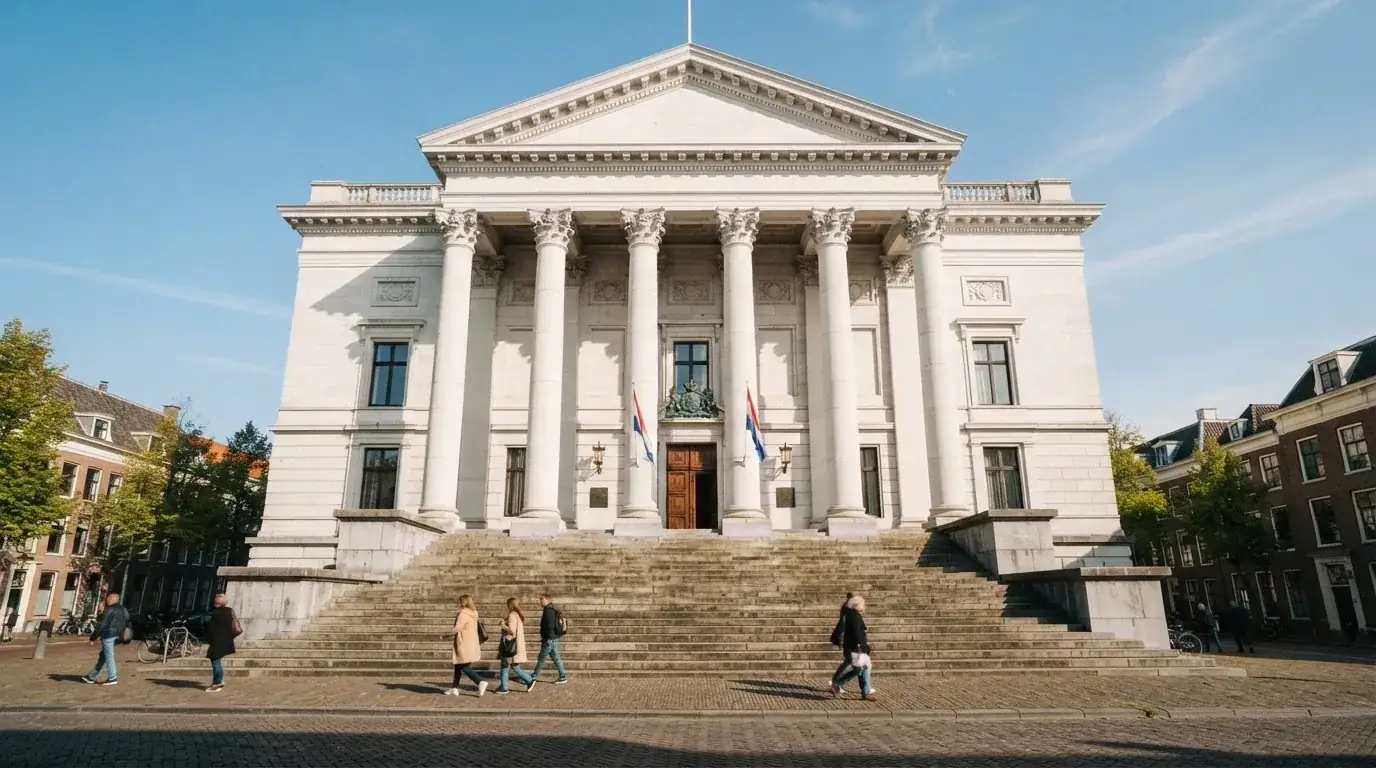 Een klassiek gerechtsgebouw met hoge zuilen staat onder een heldere hemel in een Nederlandse stad.