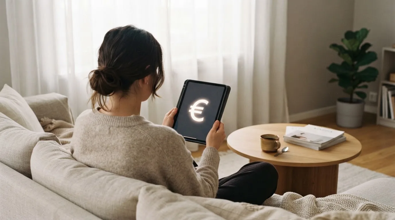 Een vrouw bekijkt ontspannen een tablet op de bank in een lichte woonkamer met een kop koffie op de salontafel.