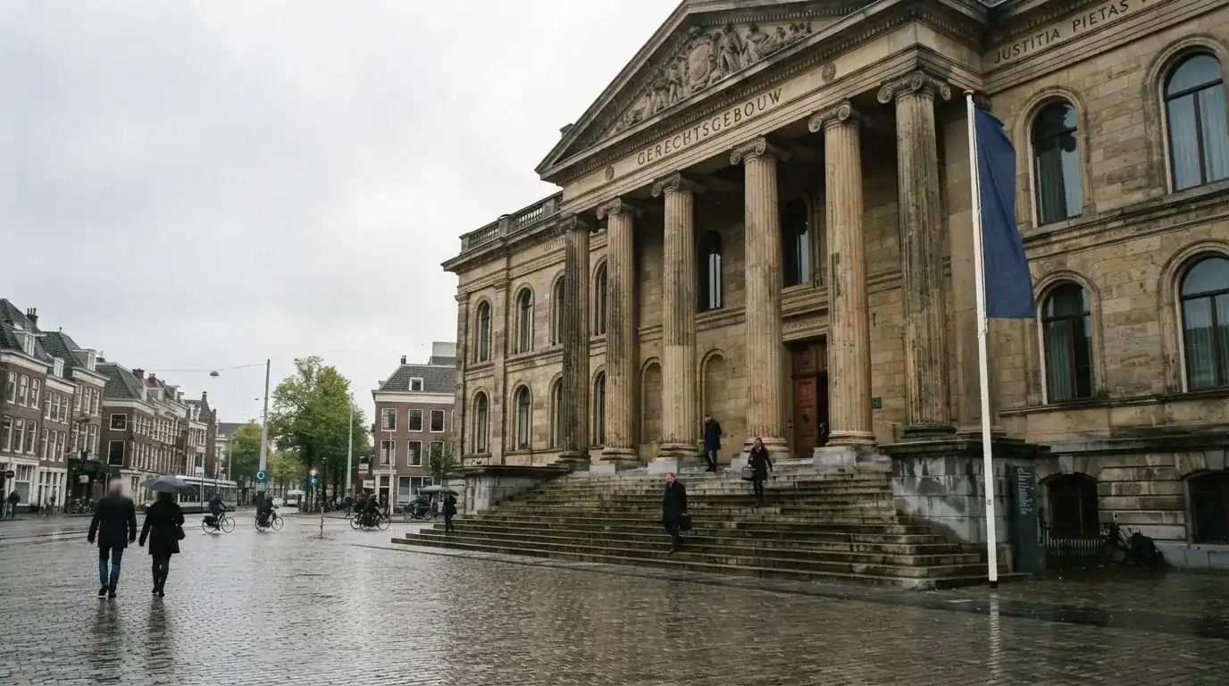 Een klassiek gerechtsgebouw met brede trappen staat onder een bewolkte hemel in een Nederlandse stad.
