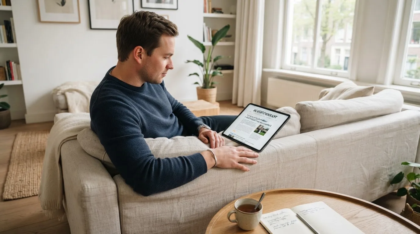 Een man bekijkt ontspannen een tablet op de bank in een lichte woonkamer met een kop thee op de salontafel.