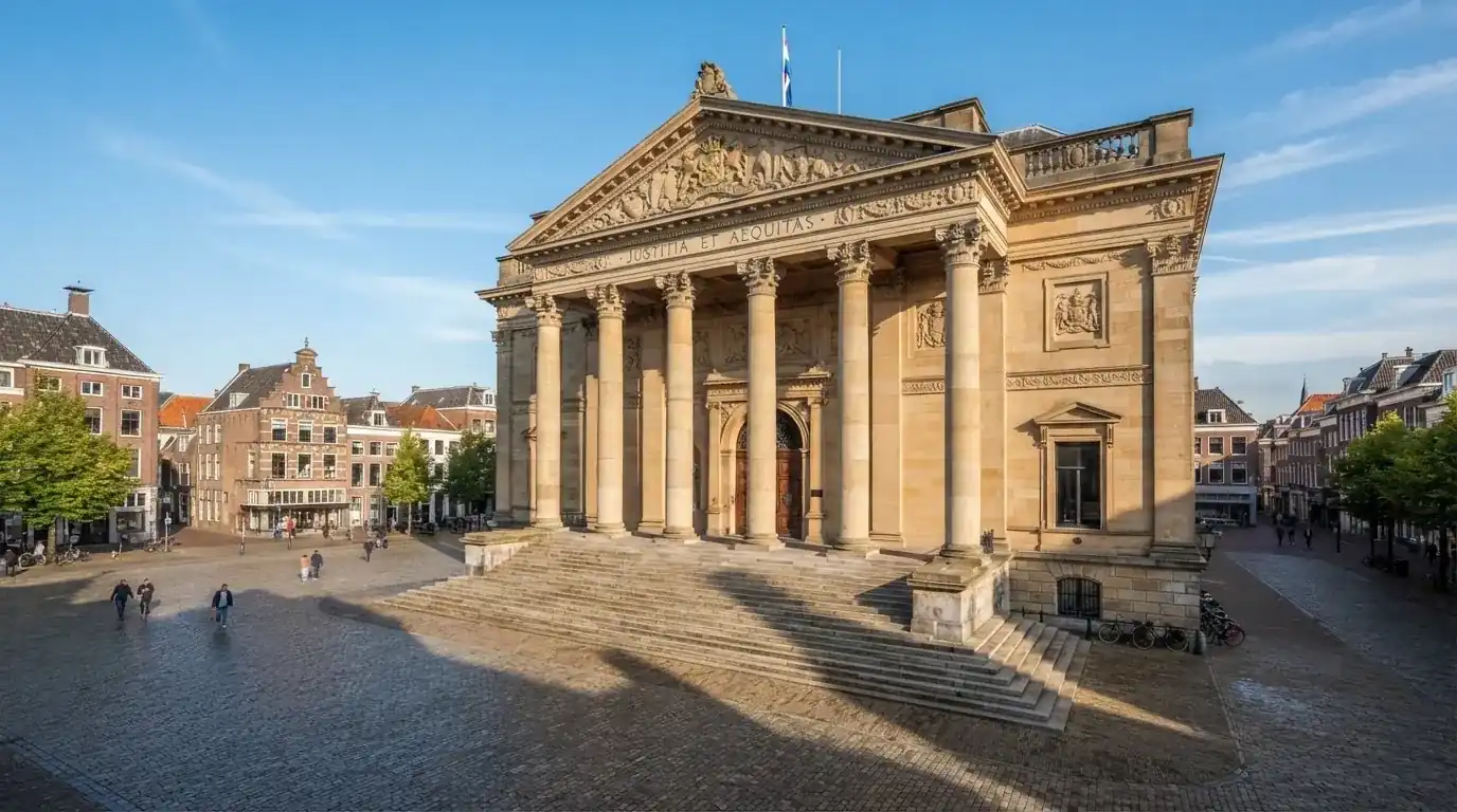 Een klassiek gerechtsgebouw met hoge zuilen staat onder een heldere hemel in een Nederlandse stad.