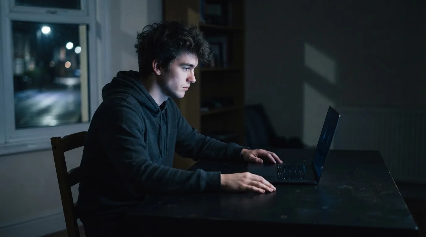 Een persoon zit alleen aan een bureau en kijkt peinzend naar een laptop met het scherm uit, in gedimd licht.