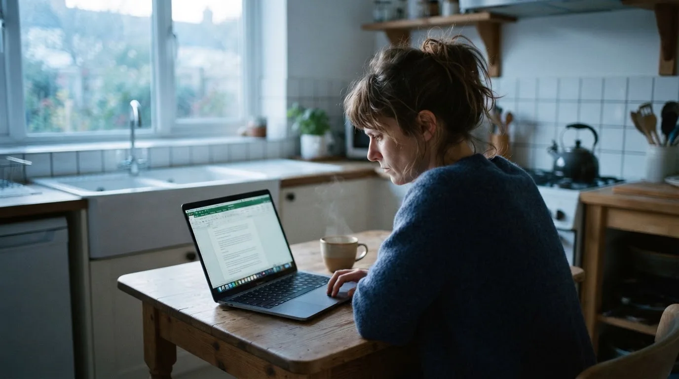 Een persoon zit alleen aan een keukentafel en kijkt peinzend naar een laptop, met een kop koffie ernaast in het vroege ochtendlicht.
