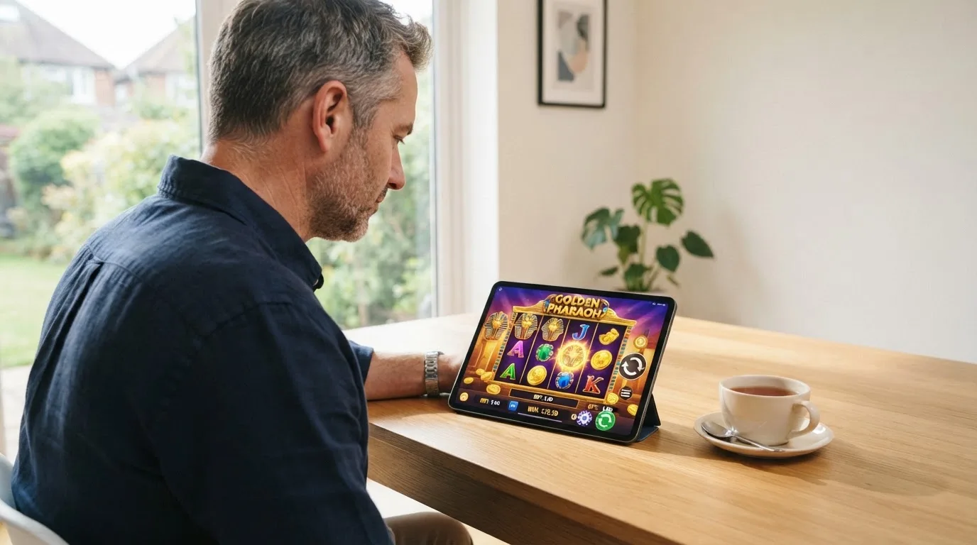 Een man zit aan een bureau in een lichte woonkamer en kijkt naar het scherm van een tablet die naast een kop thee ligt.