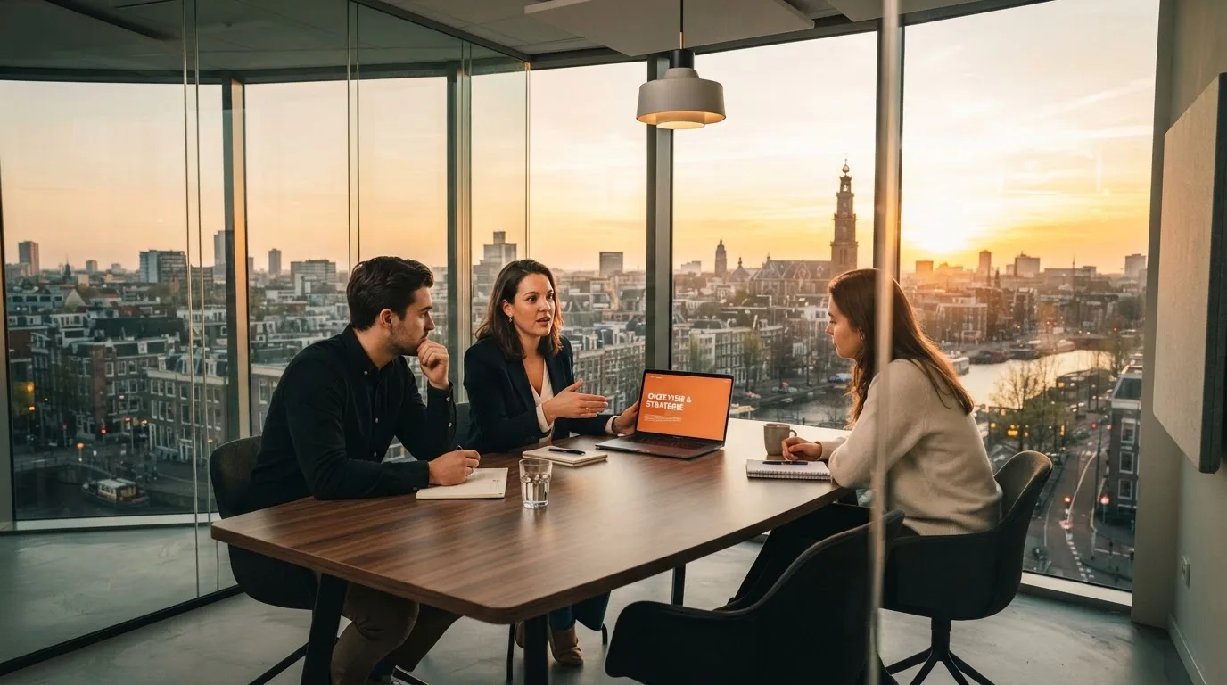 Een klein team overlegt rond een tafel in een glazen vergaderruimte met uitzicht op een stedelijke skyline bij zonsondergang.