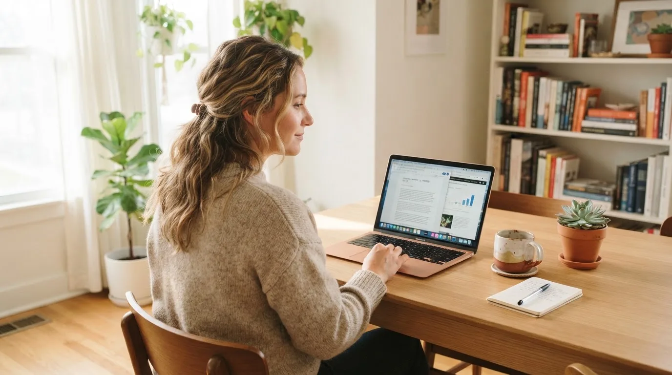 Een vrouw zit aan een houten bureau en bekijkt rustig het scherm van een laptop in een lichte woonkamer.