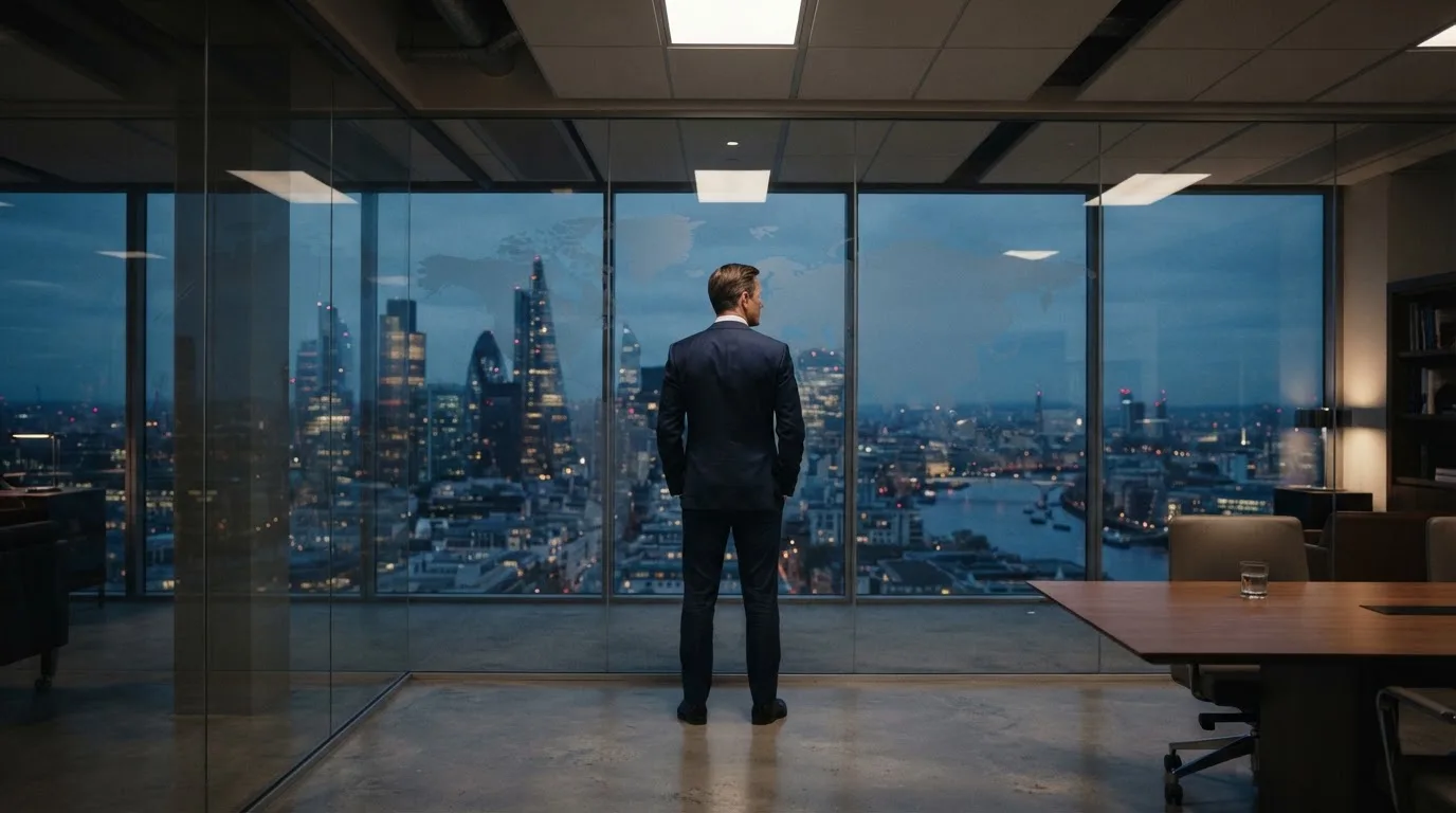Een jurist in kostuum staat voor een grote glazen wand met een wereldkaart in een modern kantoor tijdens de avondschemering.