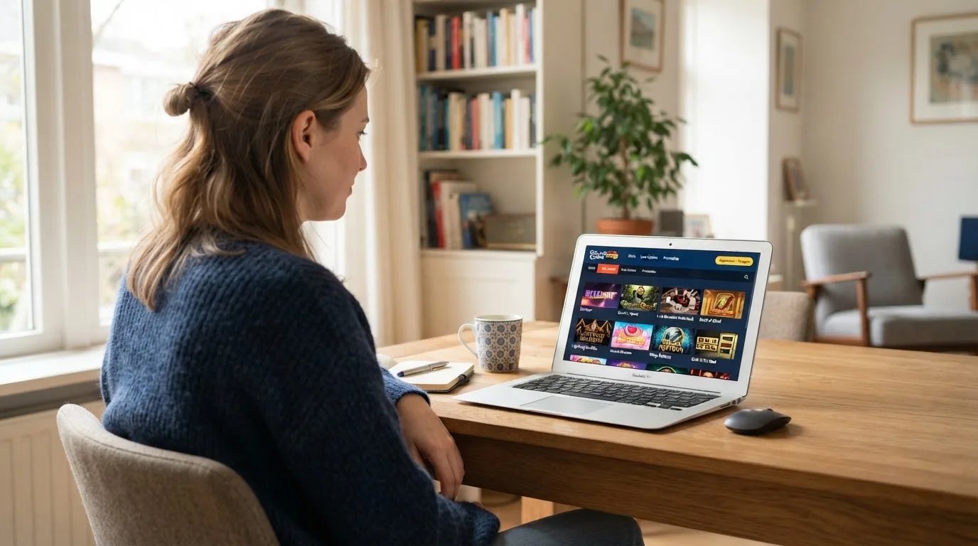 Een vrouw zit aan een houten bureau en bekijkt rustig het scherm van een laptop in een lichte woonkamer.