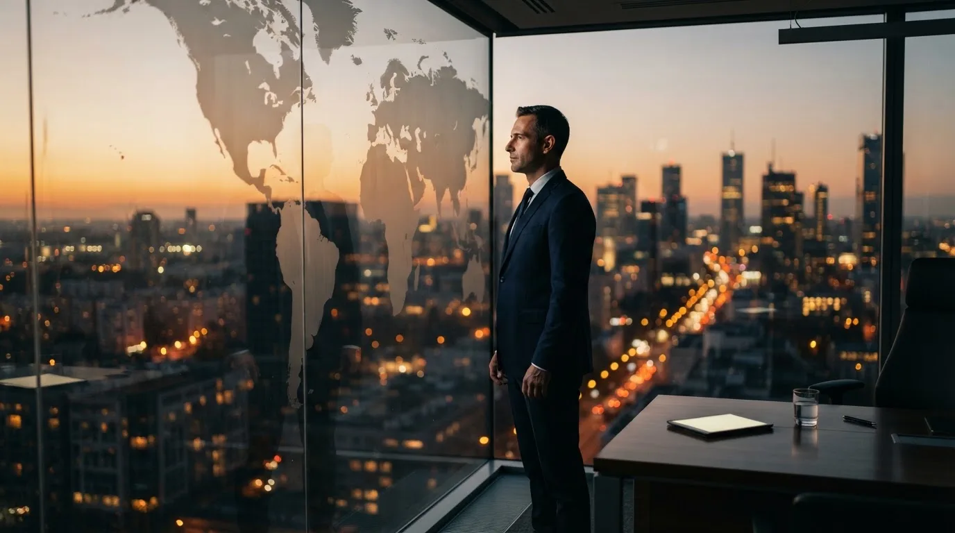 Een jurist in kostuum staat voor een grote glazen wand met een wereldkaart in een modern kantoor tijdens de avondschemering.