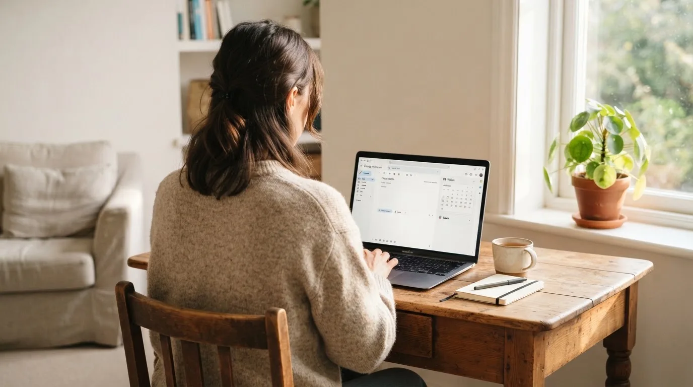 Een vrouw zit aan een houten bureau en bekijkt rustig het scherm van een laptop in een lichte woonkamer.