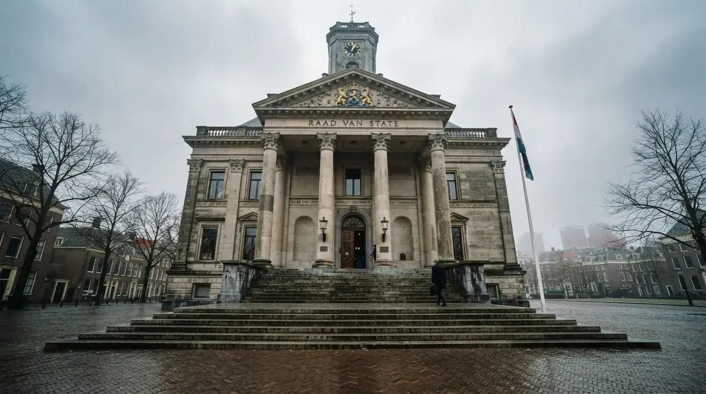 Een statig gerechtsgebouw met zuilen staat onder een bewolkte lucht in een Nederlandse stad.