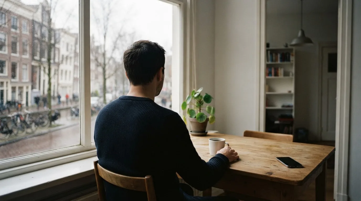 Een man legt zijn telefoon rustig weg en kijkt uit het raam met een kop koffie op tafel.