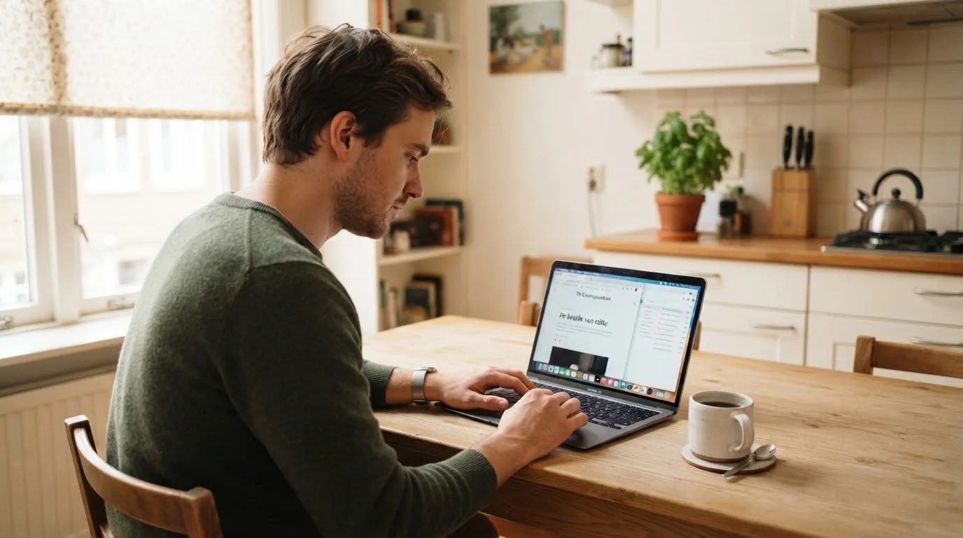 Een man zit thuis aan tafel met een kop koffie en bekijkt rustig zijn laptop.
