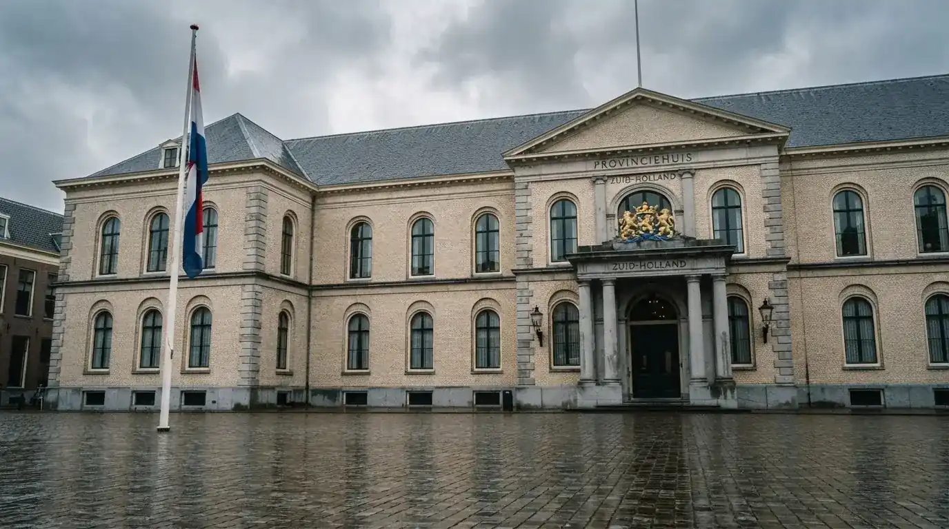 Een statig kantoorgebouw met een Nederlandse vlag ervoor onder een bewolkte hemel.
