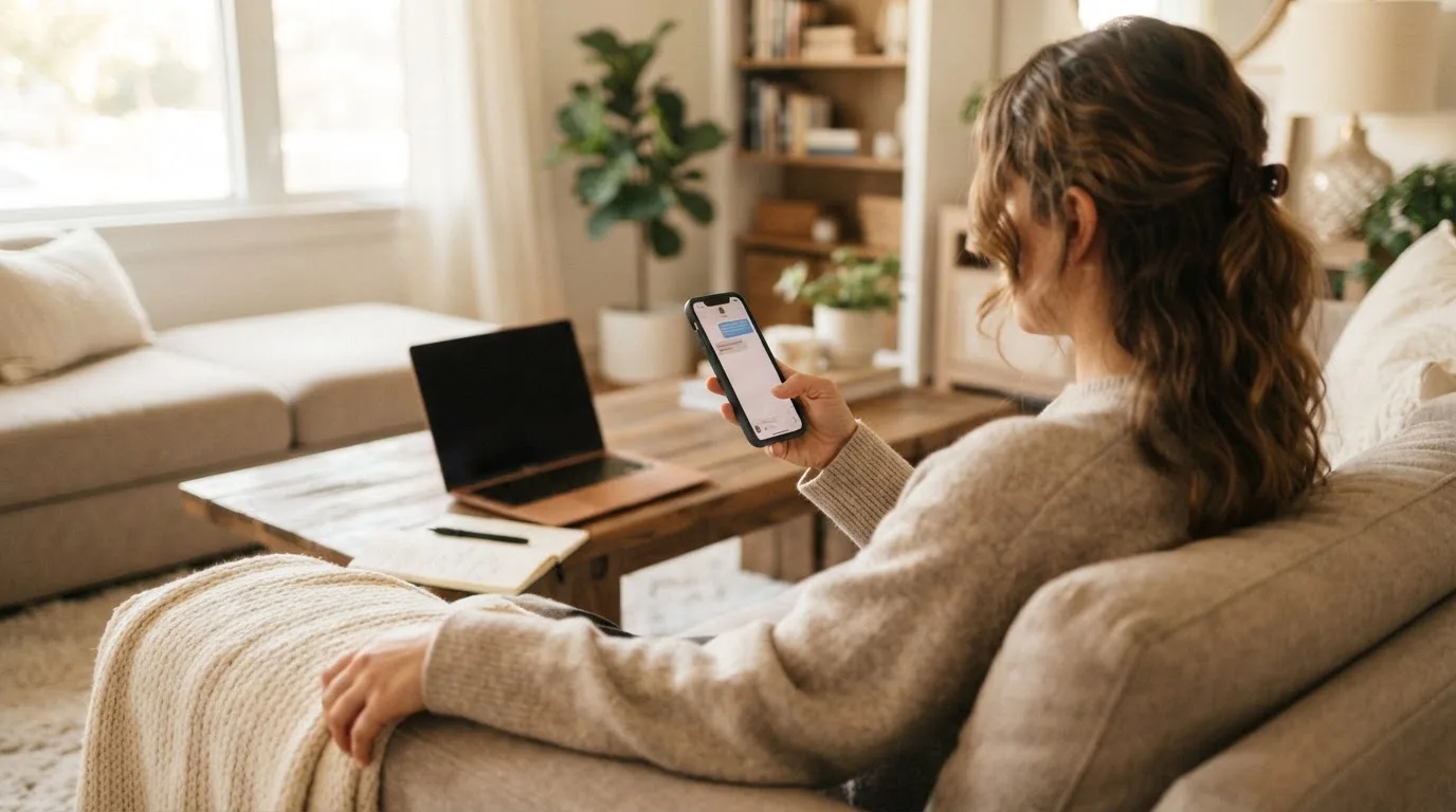 Een jonge vrouw zit ontspannen op de bank met een smartphone in haar hand, terwijl een laptop met onscherp scherm op de salontafel staat.