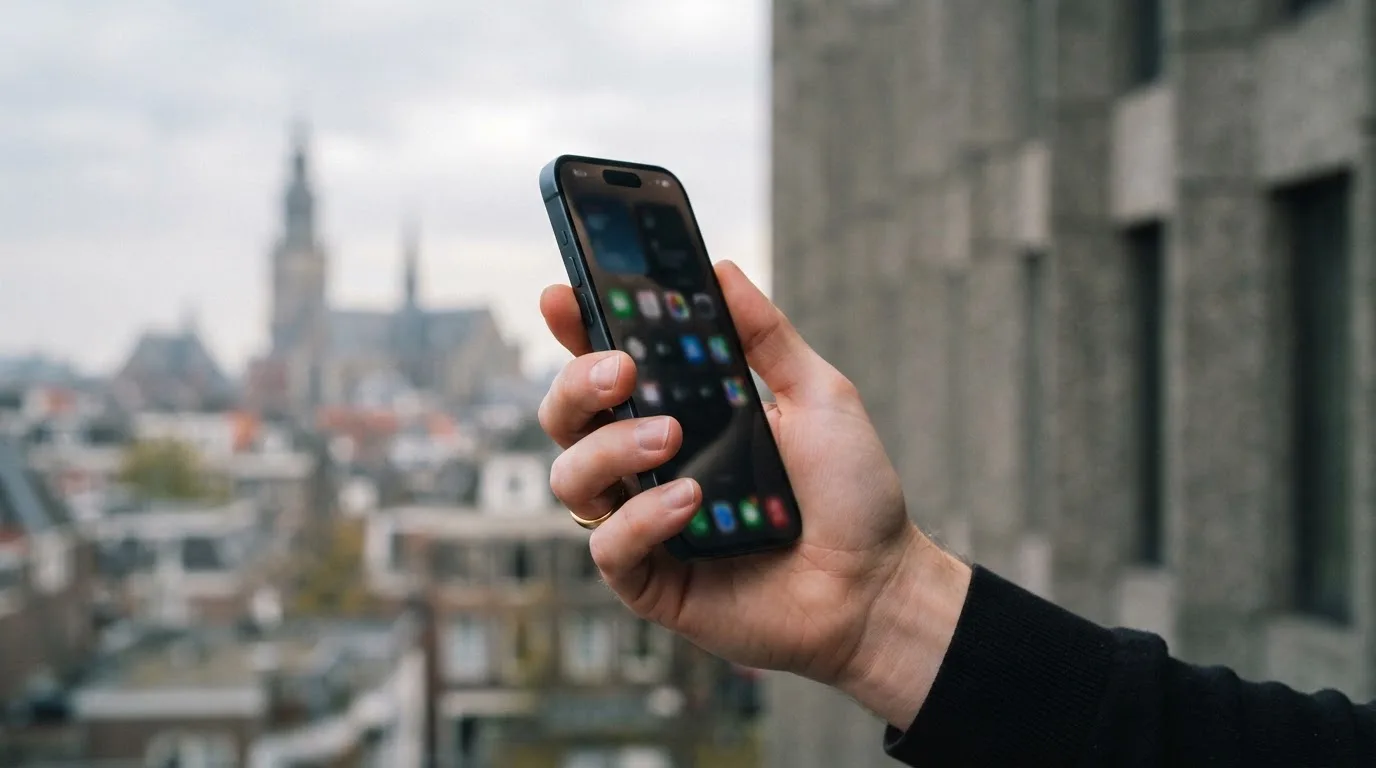 Een close-up van een hand die een smartphone vasthoudt buiten voor een grijs kantoorgebouw, met een wazige skyline van een Nederlandse stad op de achtergrond.