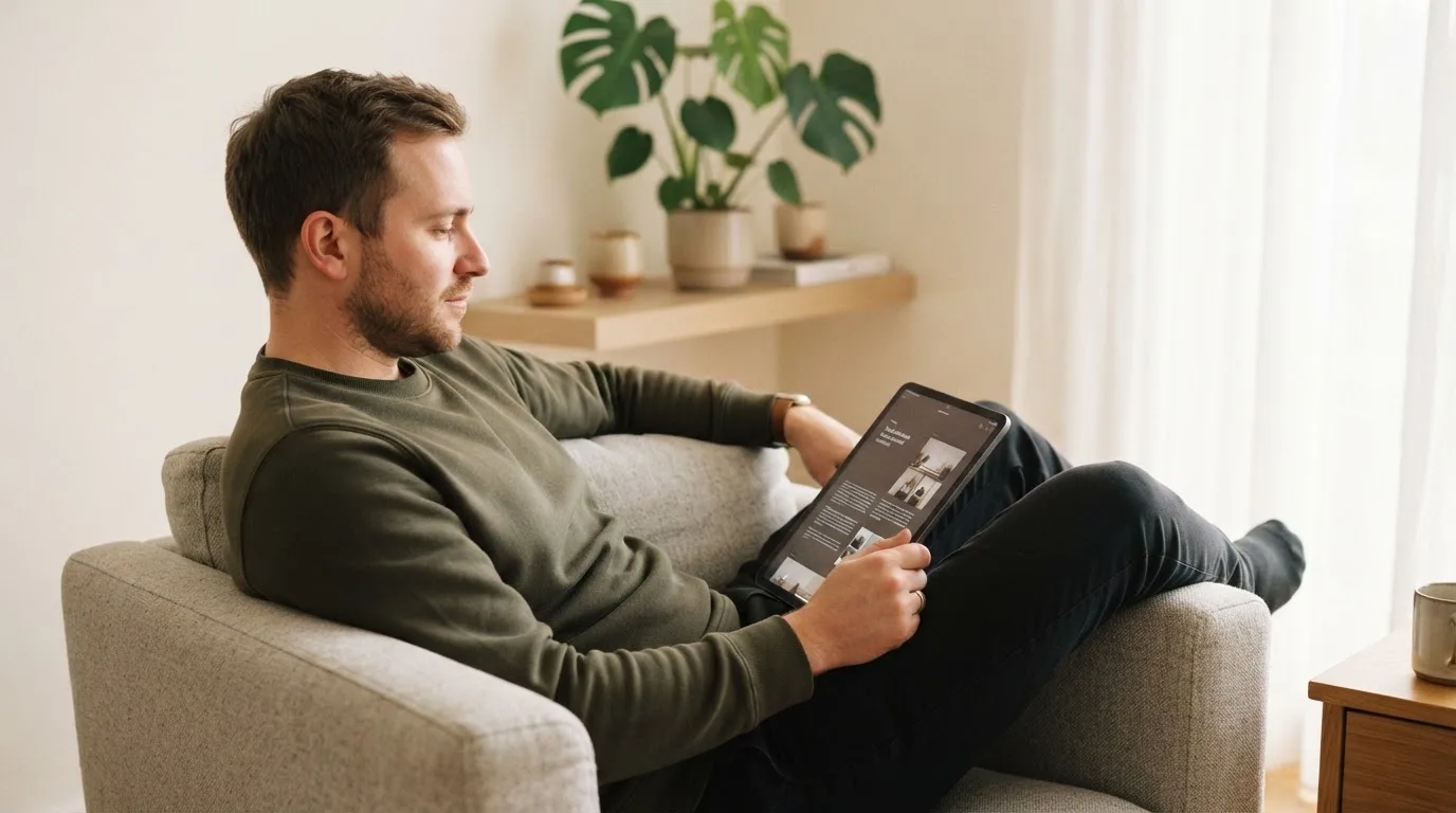 Een man leunt achterover op een stoel met een tablet op schoot, in een lichte woonkamer met planten op de achtergrond.