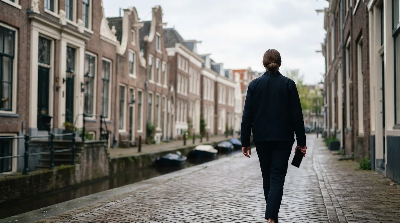 Een persoon loopt met een telefoon in de hand langs een grachtenpand in een Nederlandse stad, met wazige gevels op de achtergrond.