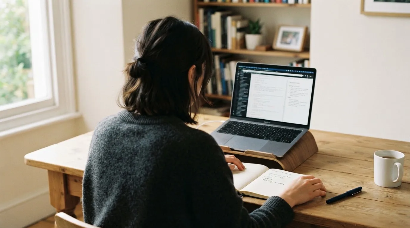 Een persoon zit aan een bureau thuis met een laptop en een notitieblok in daglicht.