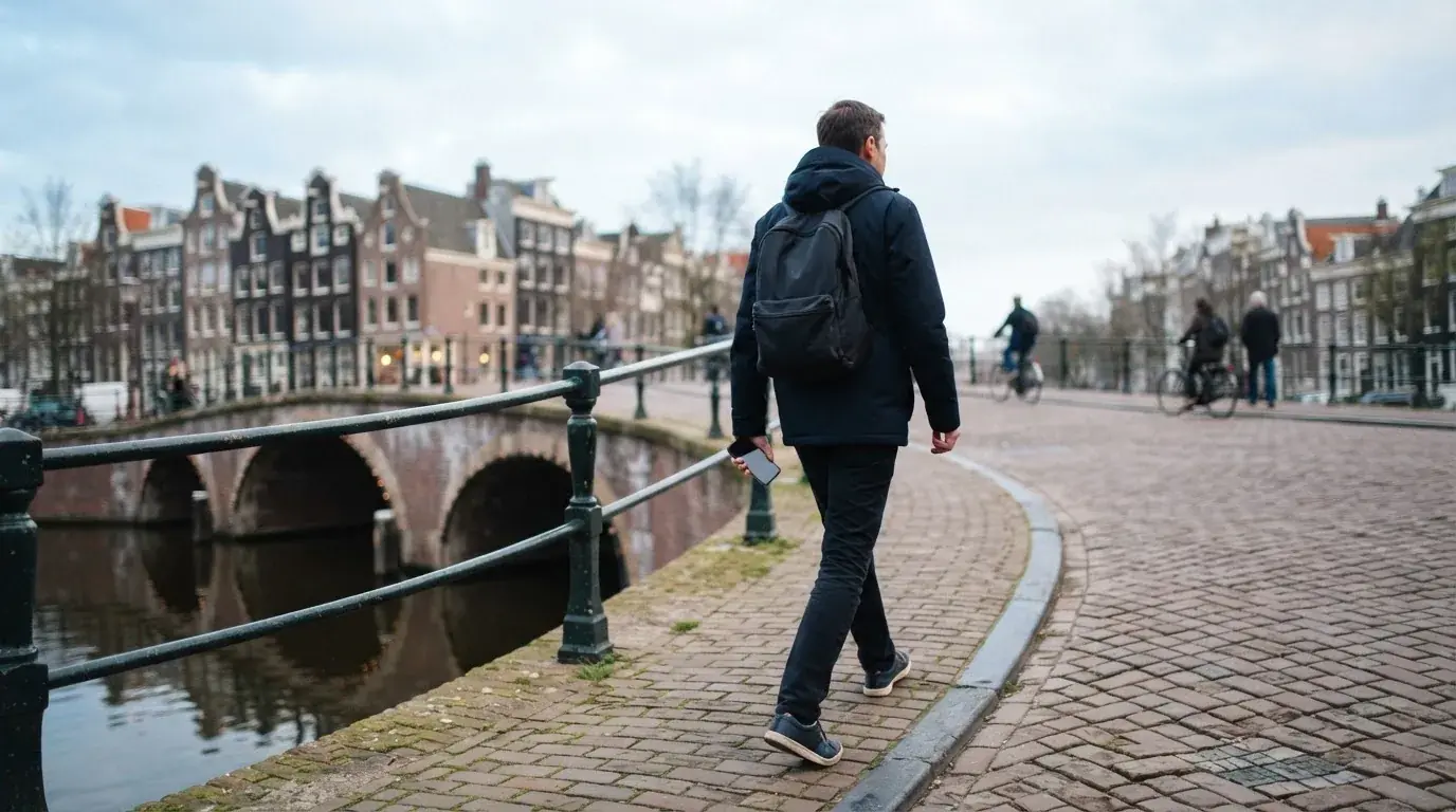 Een volwassene loopt over een brug in een Nederlandse stad met een telefoon in de hand.