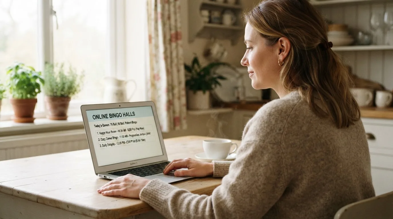 Een vrouw bekijkt rustig op haar laptop de opties voor online spelen aan de keukentafel, met een kopje koffie ernaast.