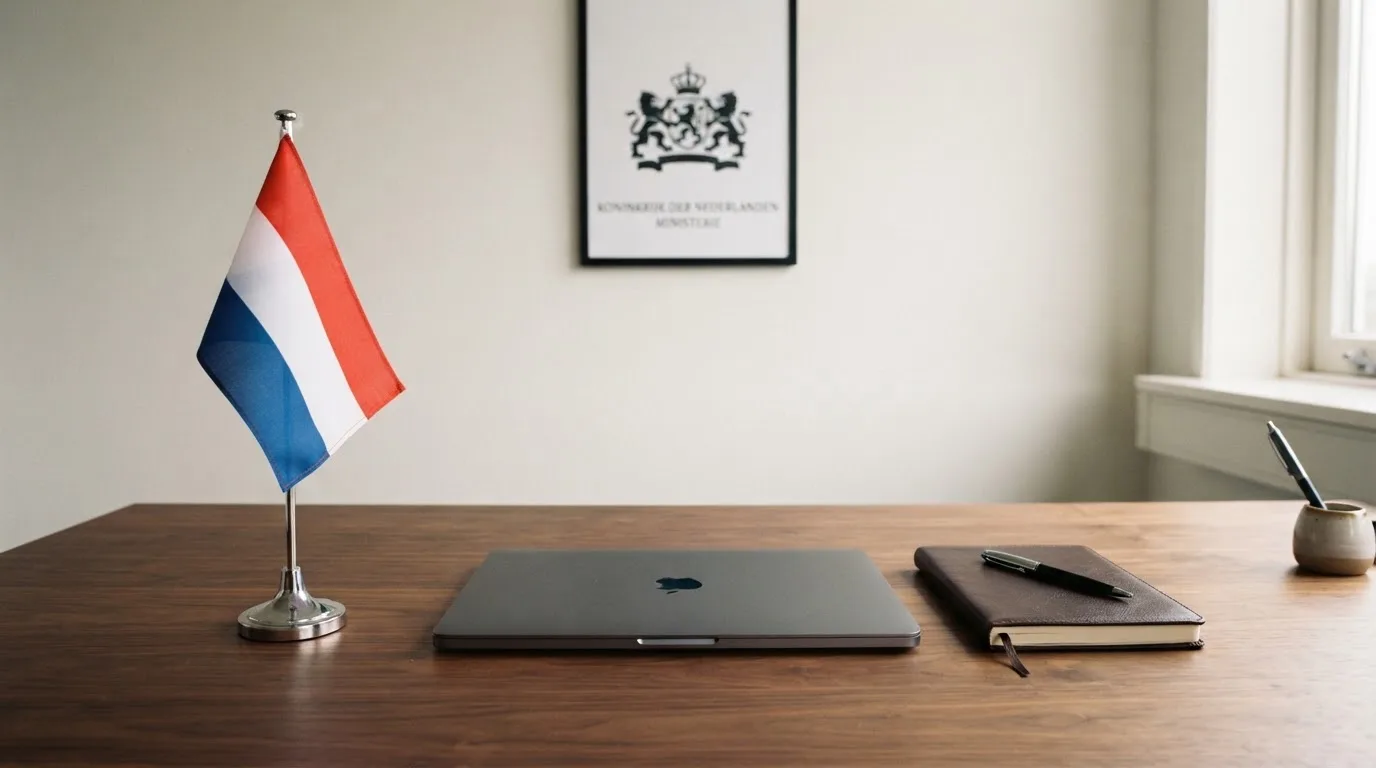 Een bureau met een Nederlandse vlag op een standaard naast een gesloten laptop, symbool voor regelgeving en toezicht op kansspelen.