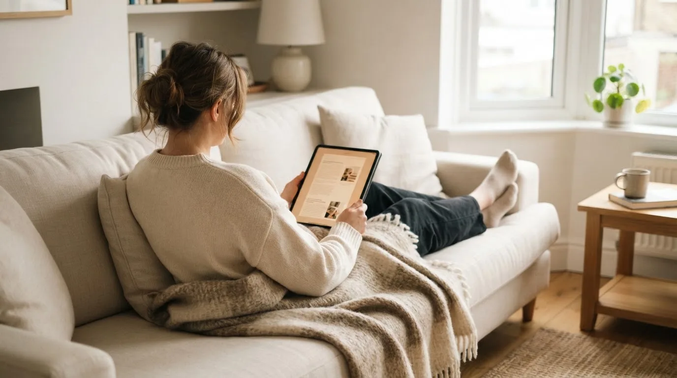 Iemand bekijkt ontspannen een tablet op de bank in een lichte woonkamer, met een plaid over de knieën.