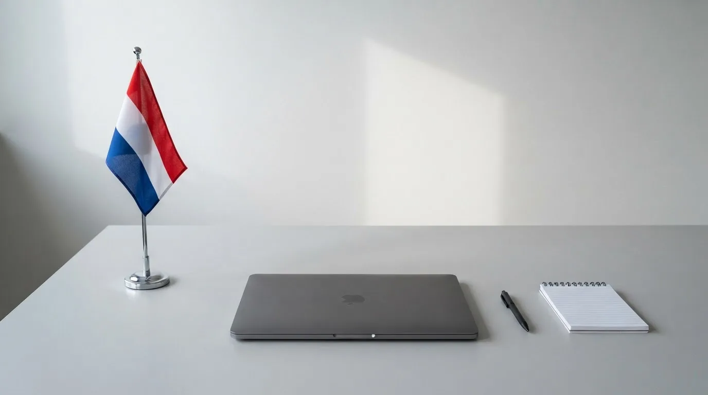 Een kantoorbureau met een Nederlandse vlag op een voetstuk naast een dichte laptop.