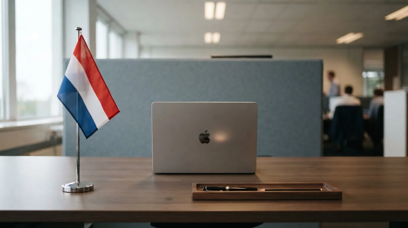 Een kantoorbureau met een Nederlandse vlag op een voetstuk naast een gesloten laptop.