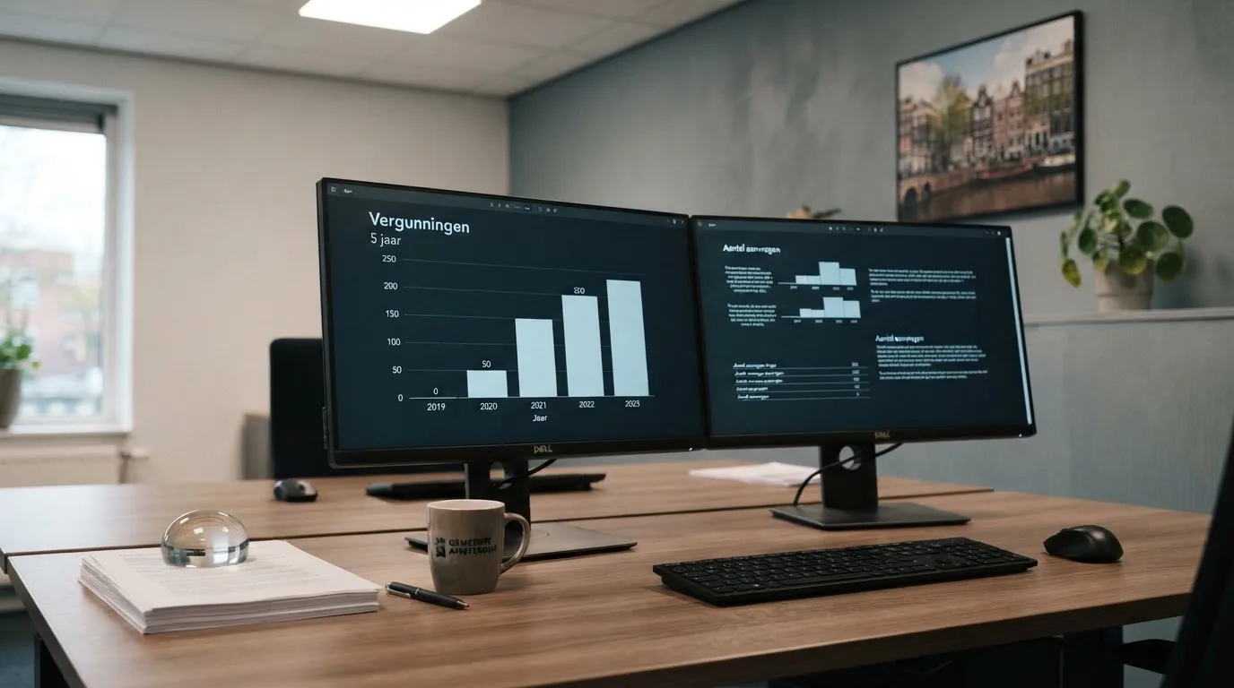 Een medewerker van een toezichthoudende instantie werkt achter een bureau met meerdere monitoren in een professioneel kantoor.