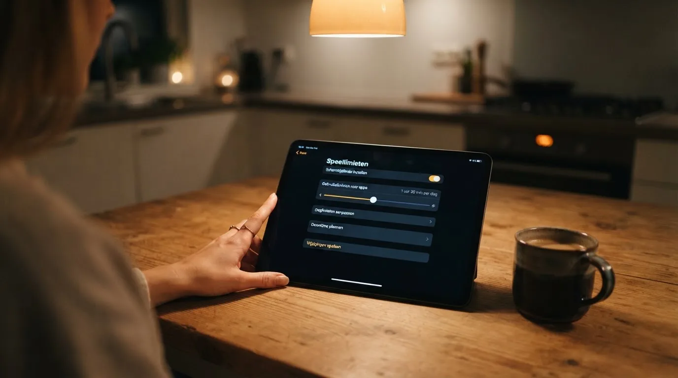 Een persoon bekijkt rustig instellingen voor speellimieten op een tablet aan een keukentafel in de avond.